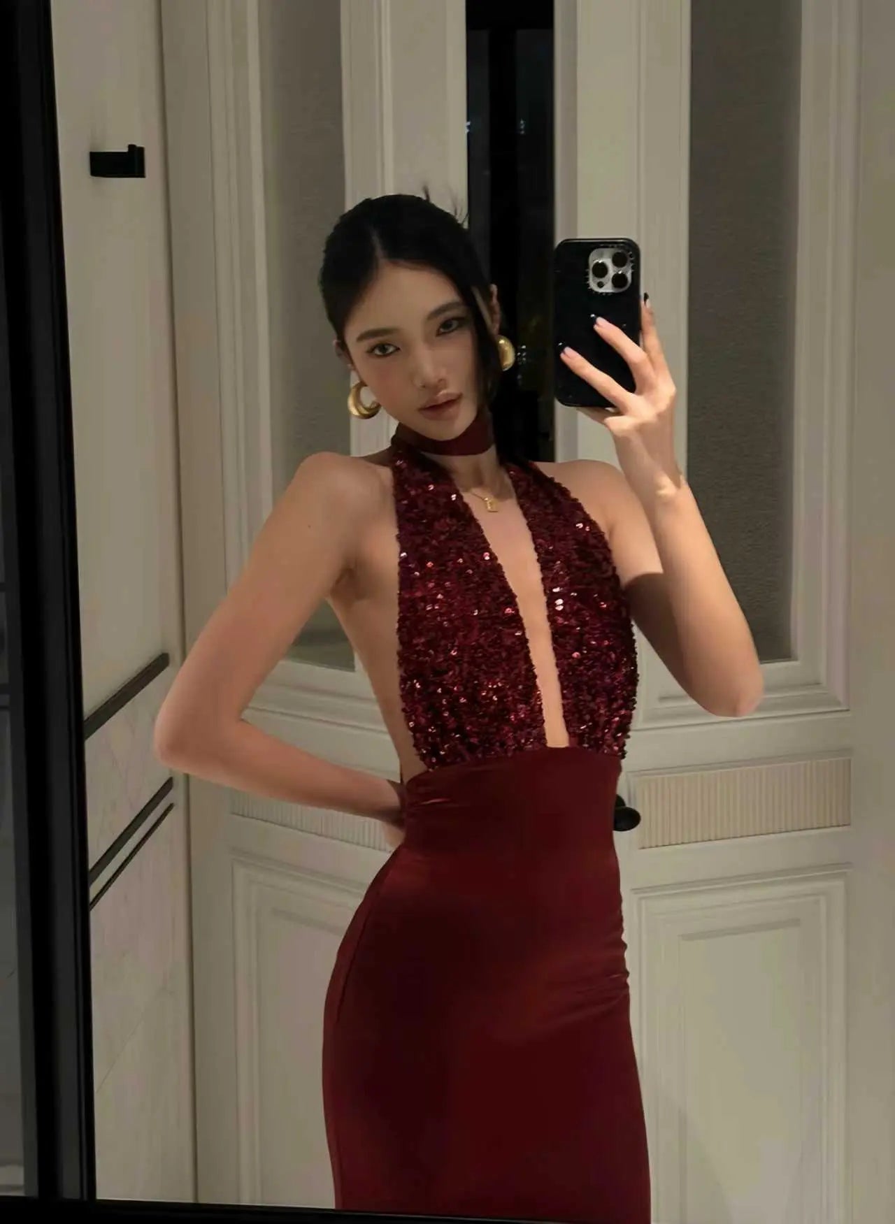 Burgundy Dress Sequin Halter Satin Mermaid - Velanocta