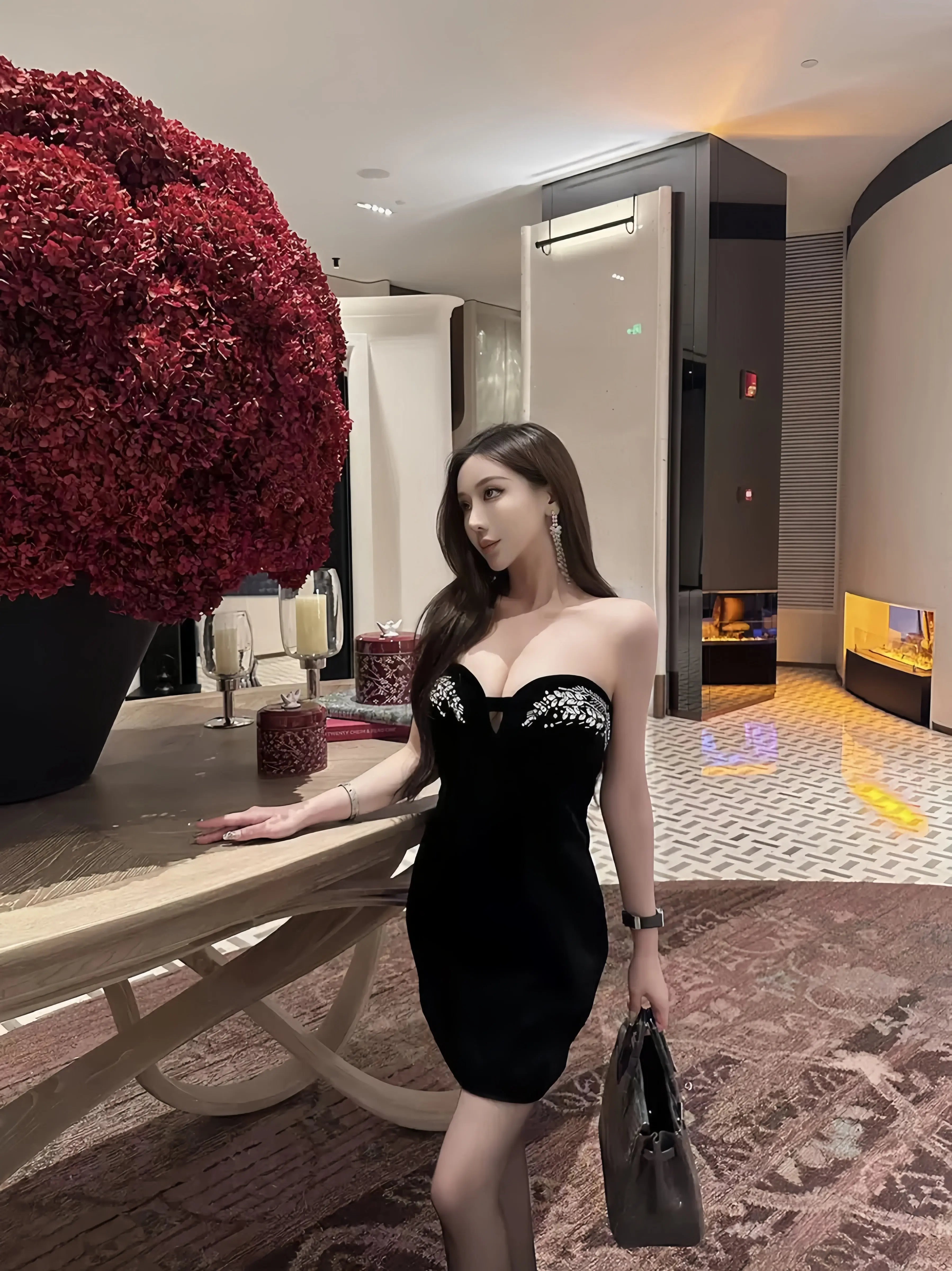 Embellished Strapless Bodycon Mini Dress - Velanocta