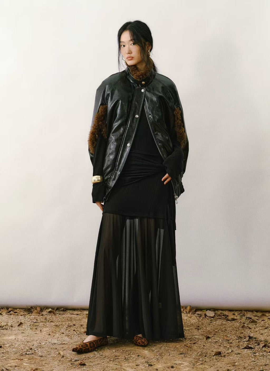 High-Neck Sleeveless PU Cape Jacket