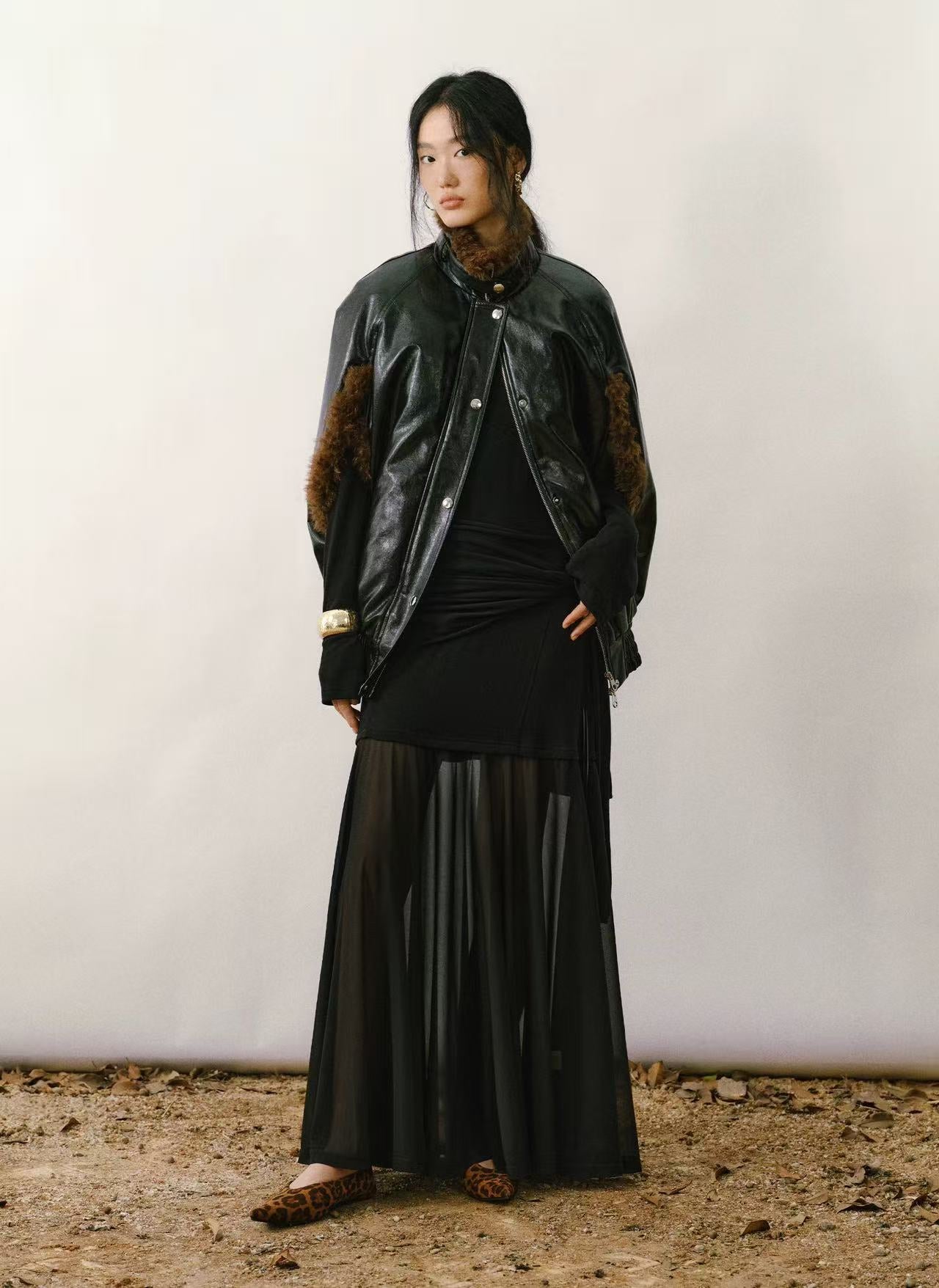 High-Neck Sleeveless PU Cape Jacket