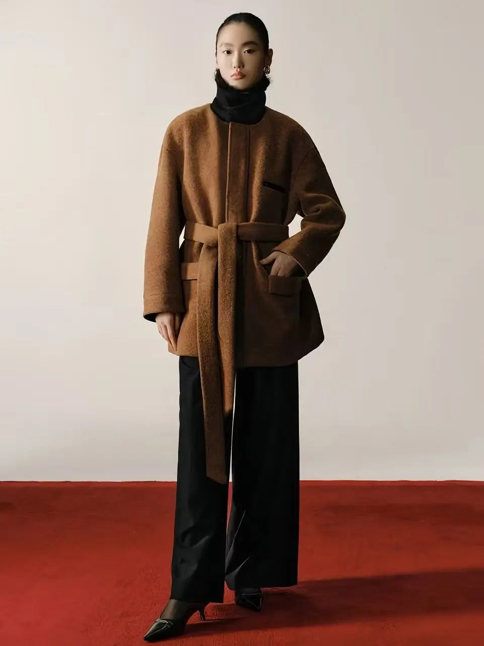 Wool Belted Coat with Faux Fur Collar - Velanocta