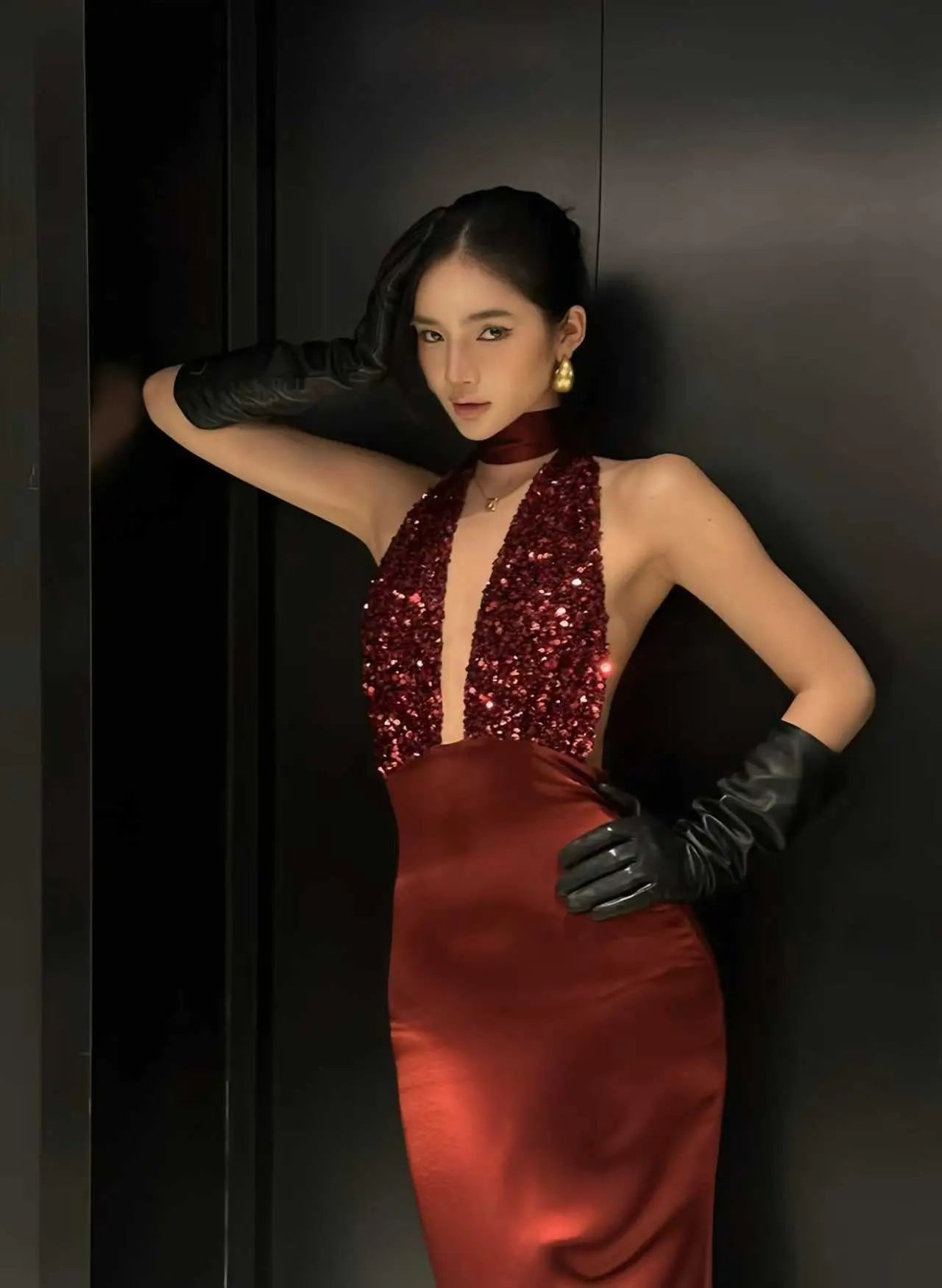 Burgundy Dress Sequin Halter Satin Mermaid - Velanocta