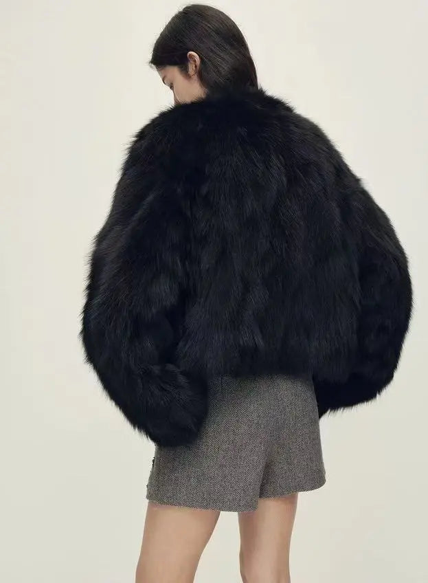 Black Raccoon-Trim Coat - Velanocta