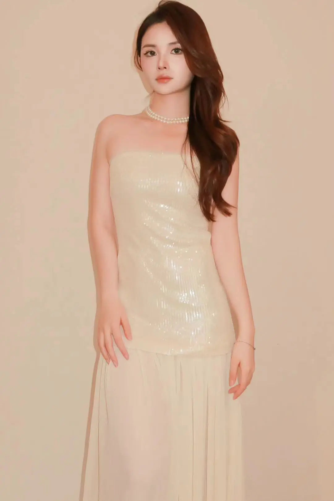 Cream White Sequin Strapless Dress with Pleated Hem - Velanocta