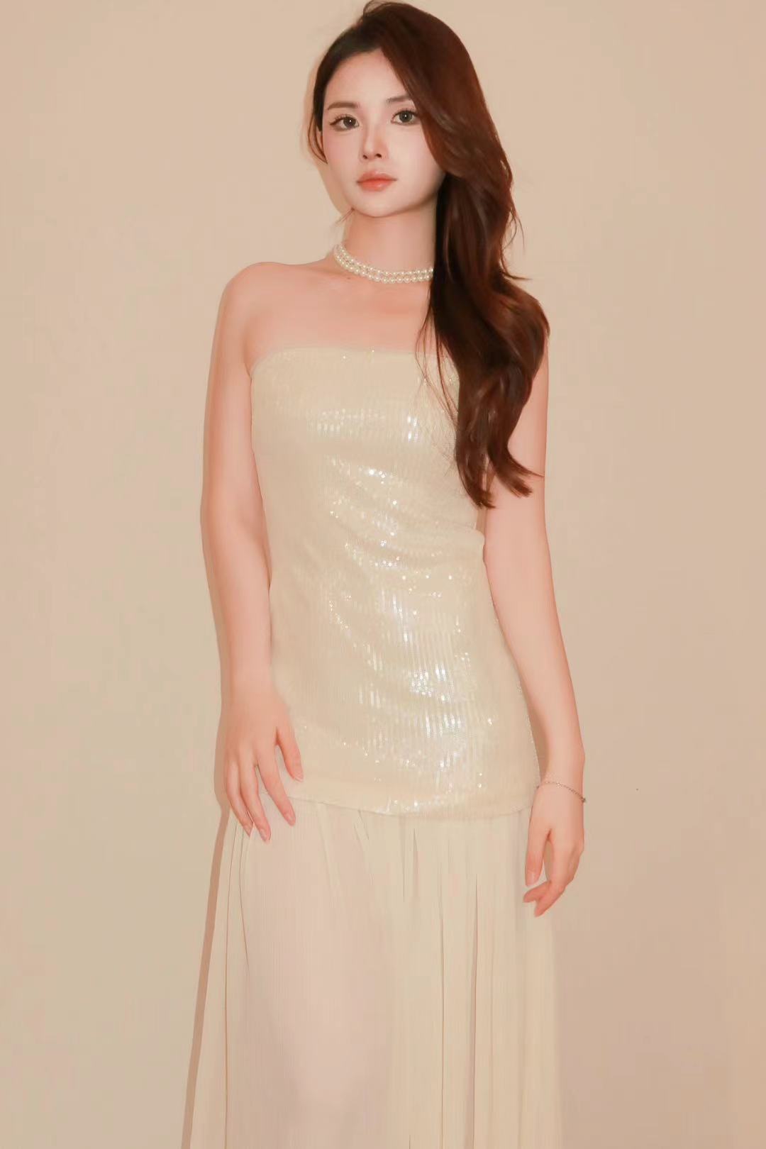 Ivory Sequin Strapless Maxi Dress