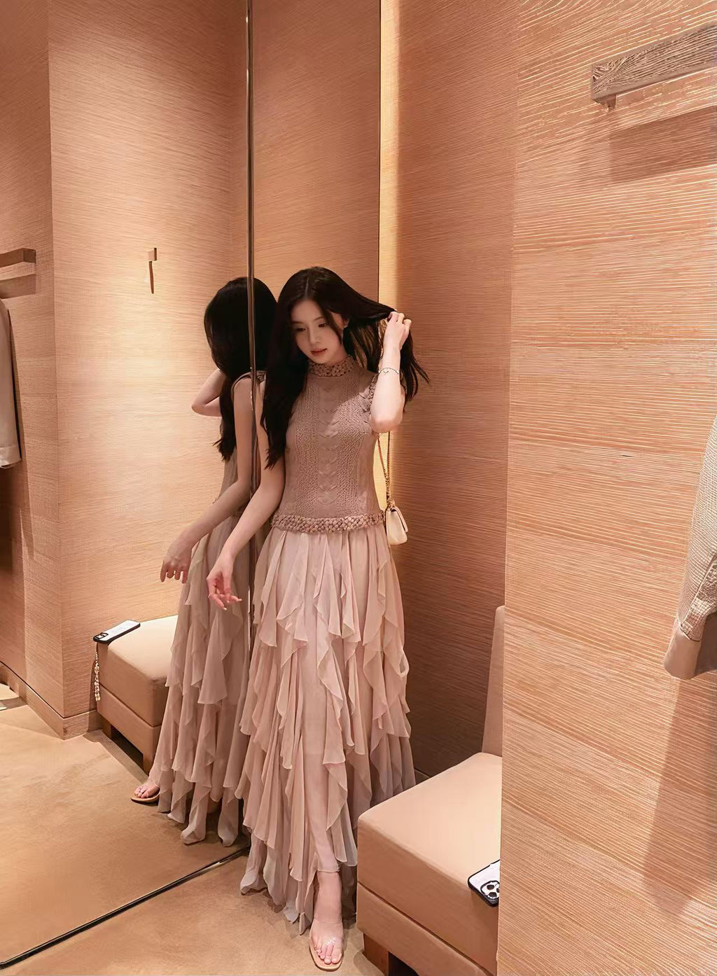 Textured Knit & Layered Chiffon Maxi Dress