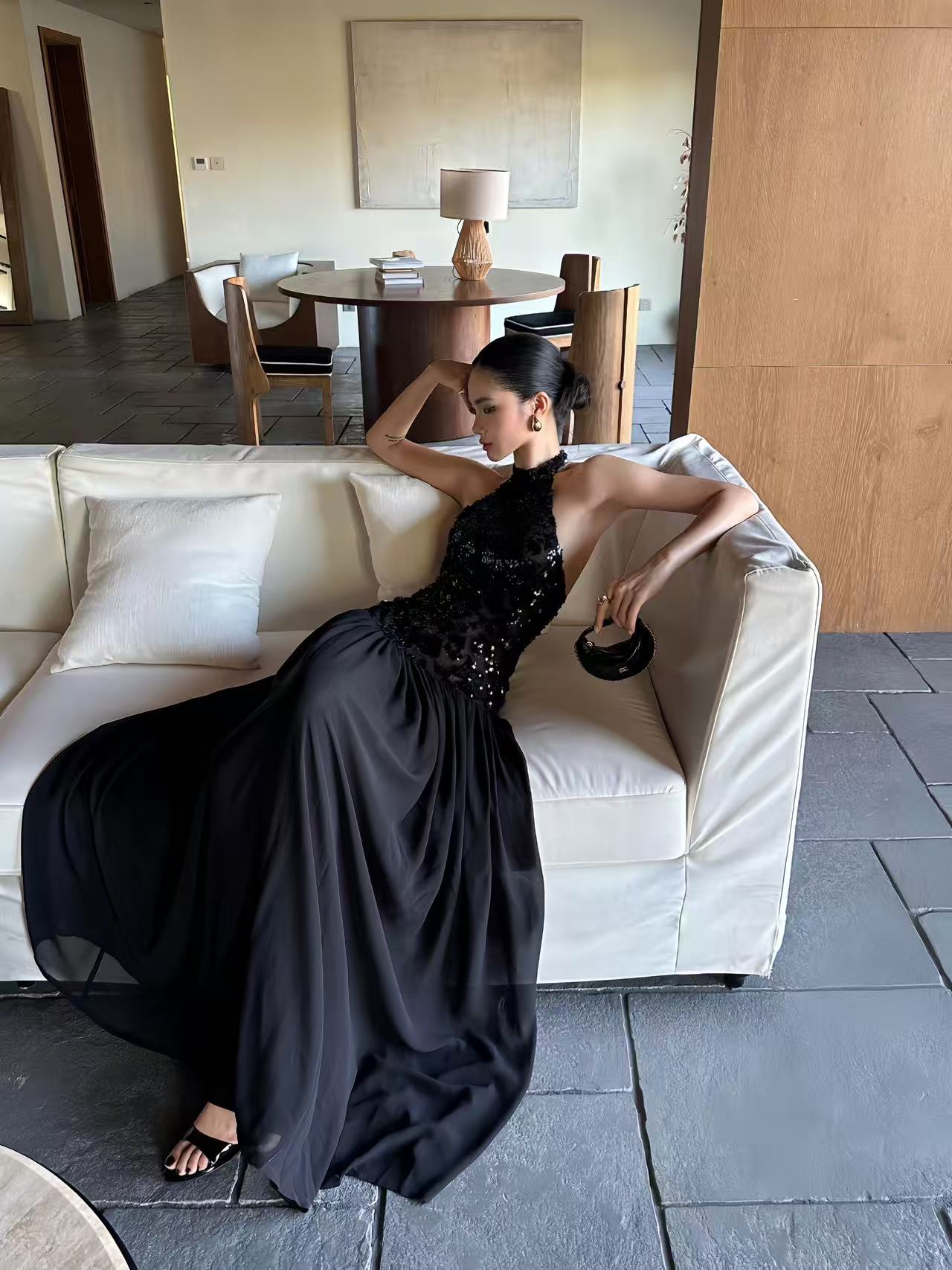 Black Halter Sequin Maxi Dress