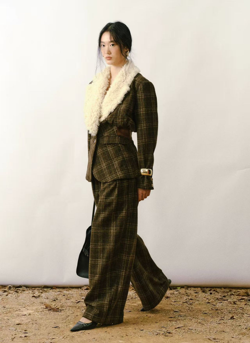 Plaid Wool Blazer with a Detachable Fur Collar