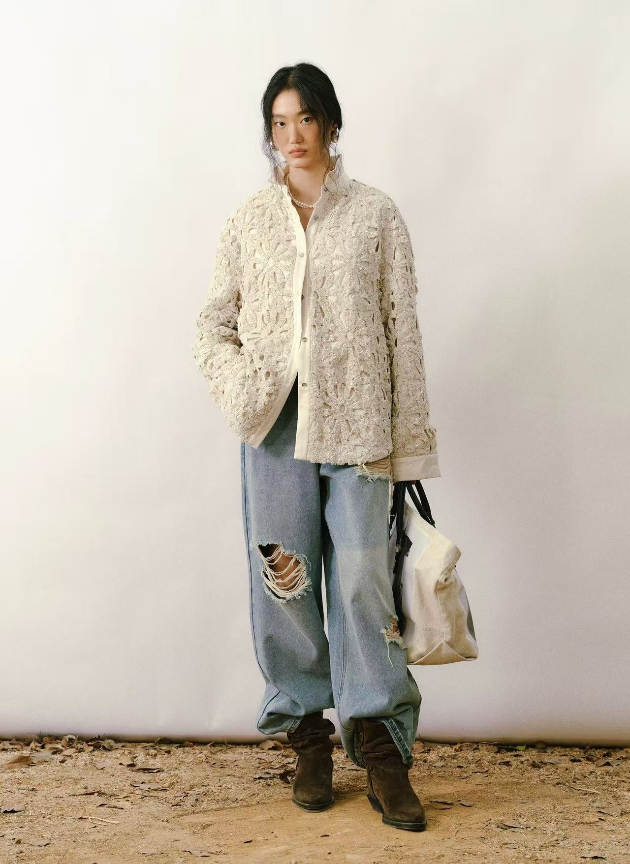 Vintage Cut-Out Floral Sequin Down Shirt