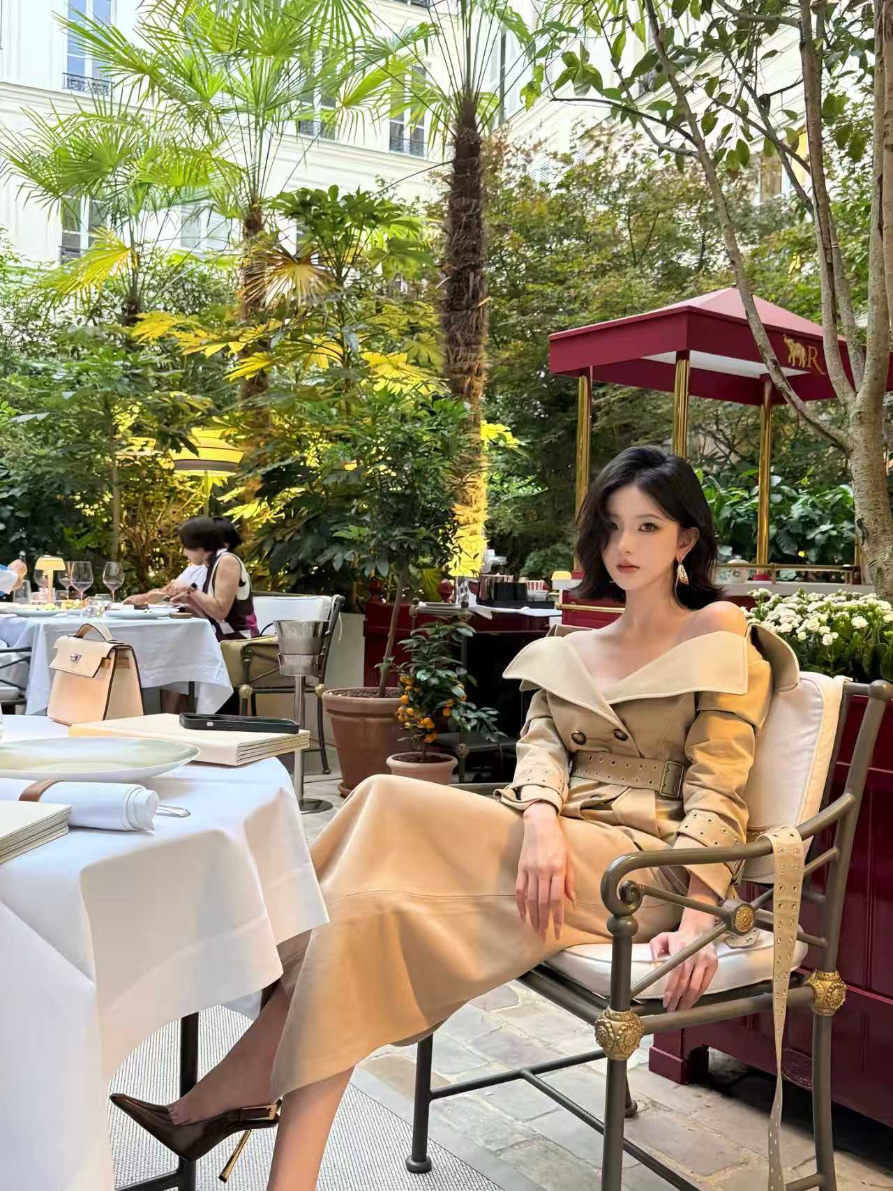 Off-Shoulder Wide-Collar Belted Trench Jacket & Midi Skirt Set