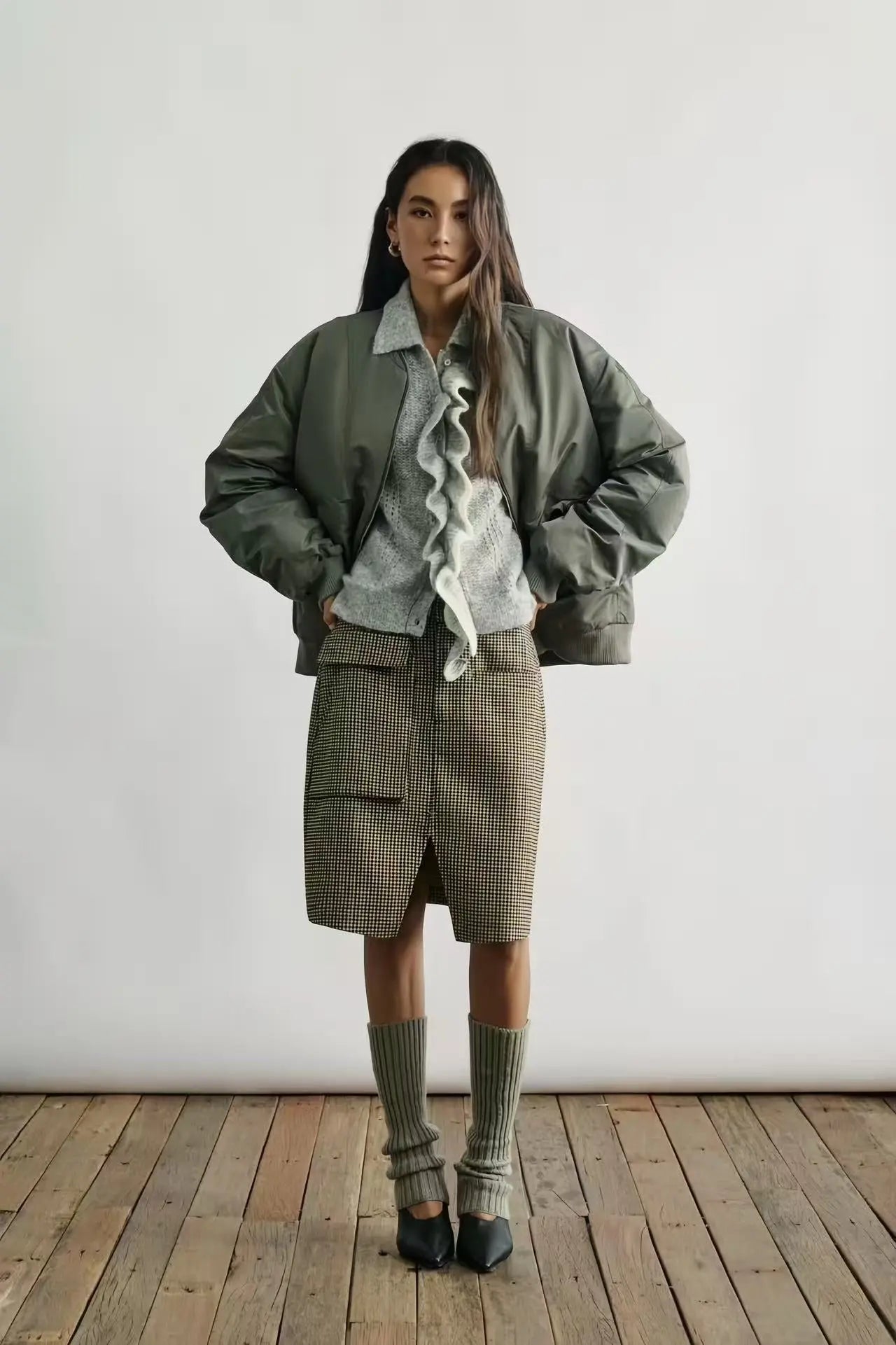 Olive Green Nylon Collarless Down Bomber Jacket - Velanocta