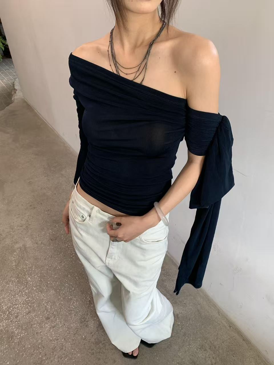 Asymmetric Off-Shoulder Draped Top