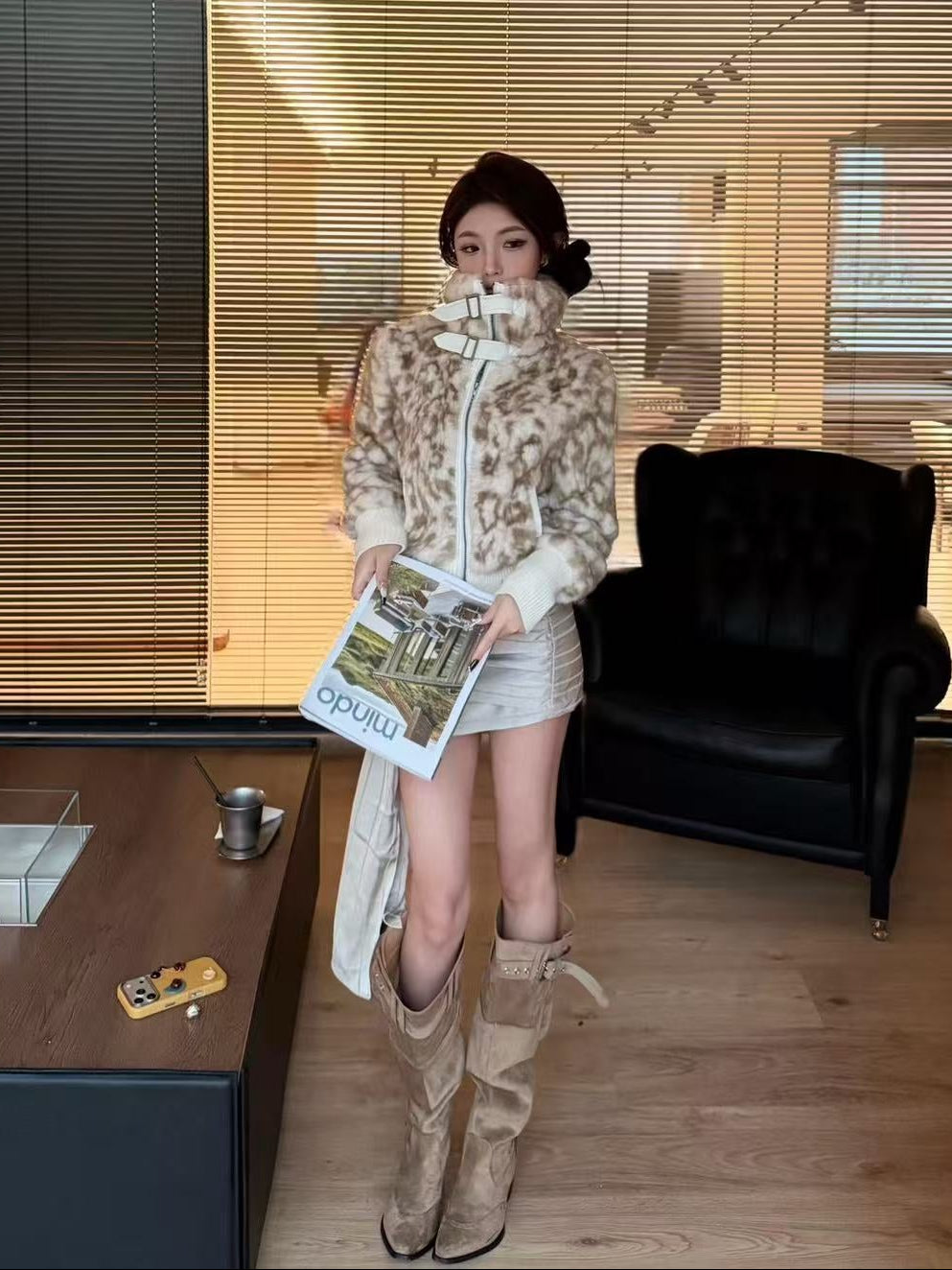 Faux Fur Contrast Collar Jacket – Coffee Pattern