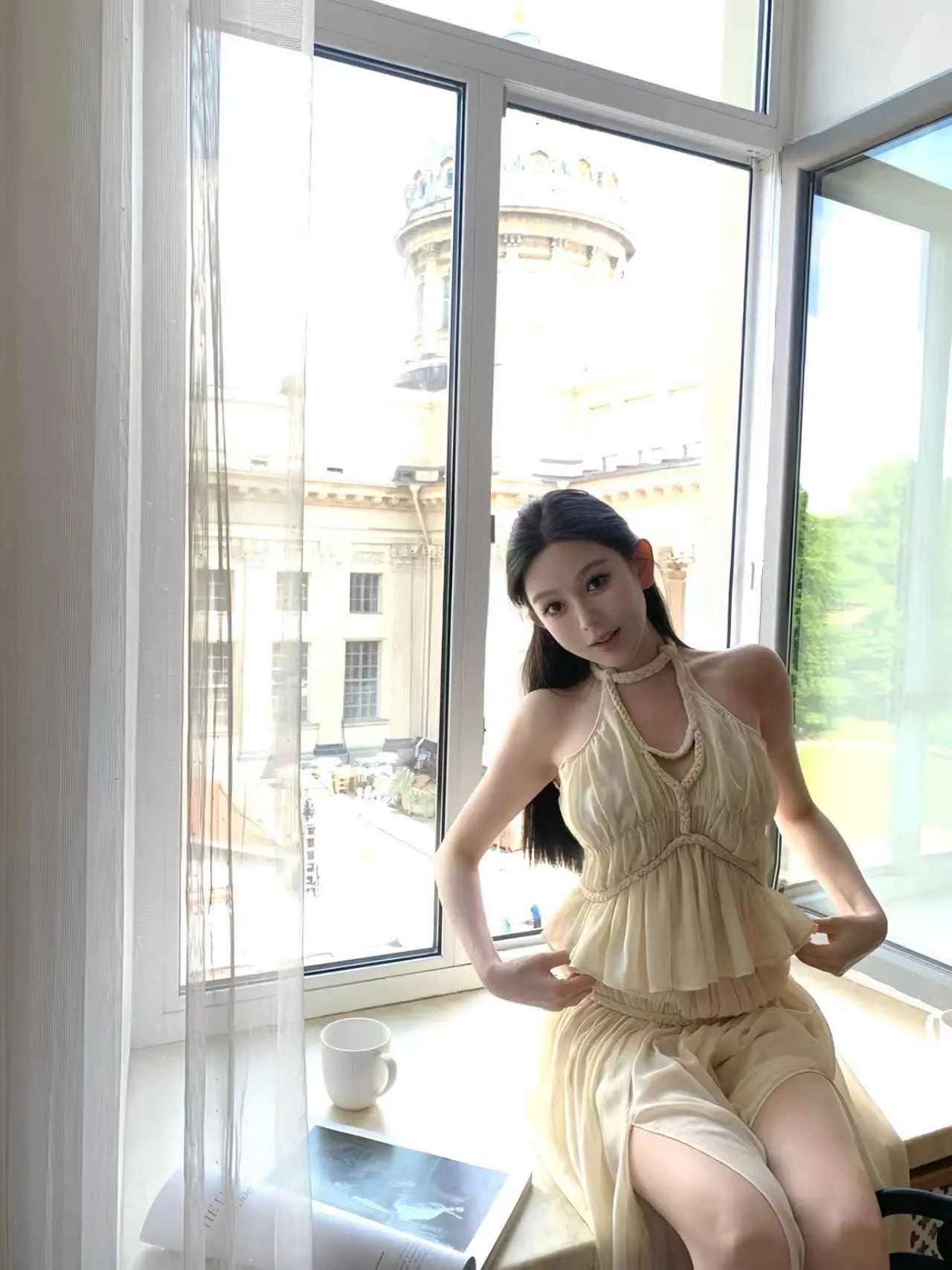 Elegant Halter Neck Ruffle Top & High-Waist Maxi Skirt Set - Velanocta