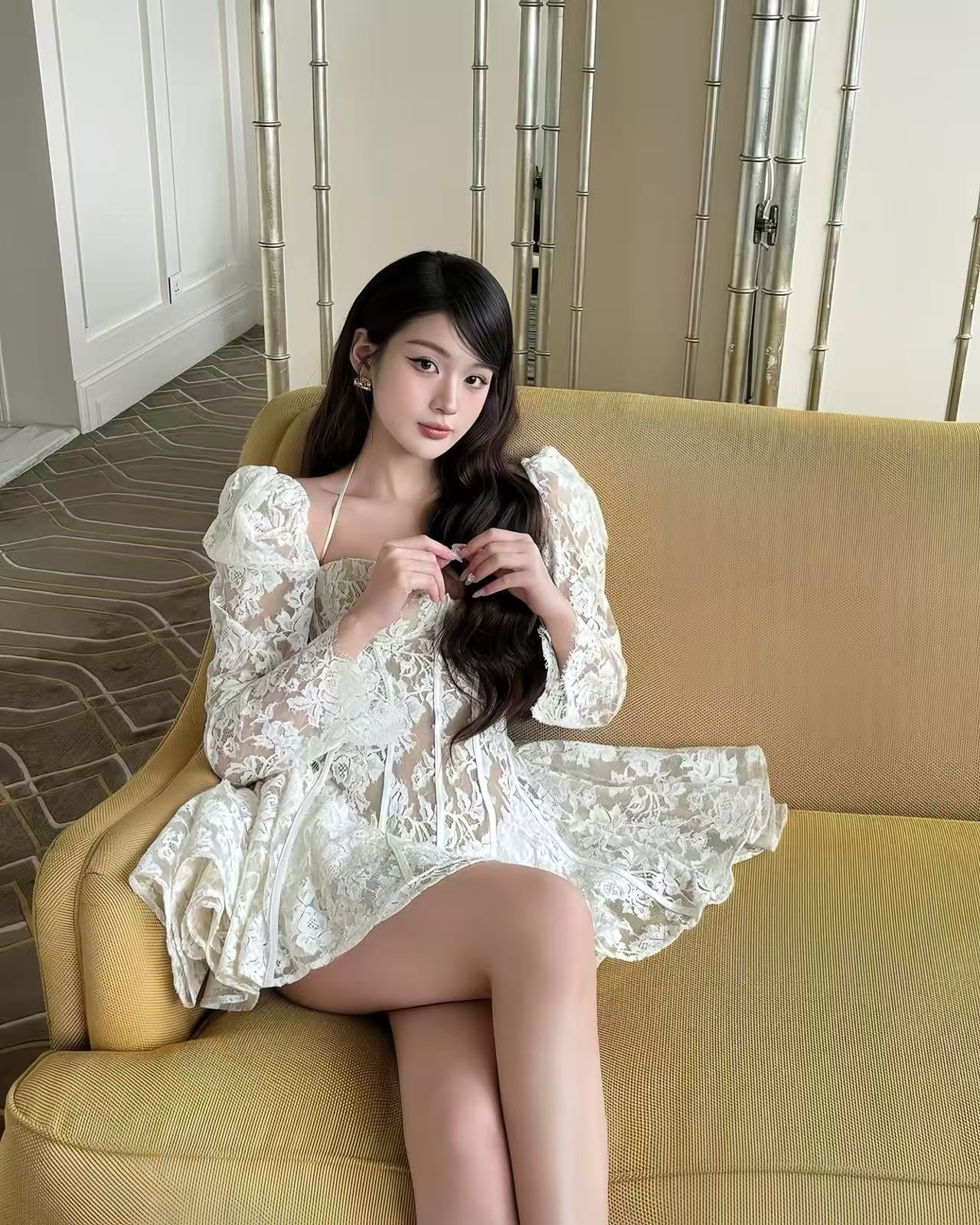 Lace Corset Mini Dress with Puff Sleeves