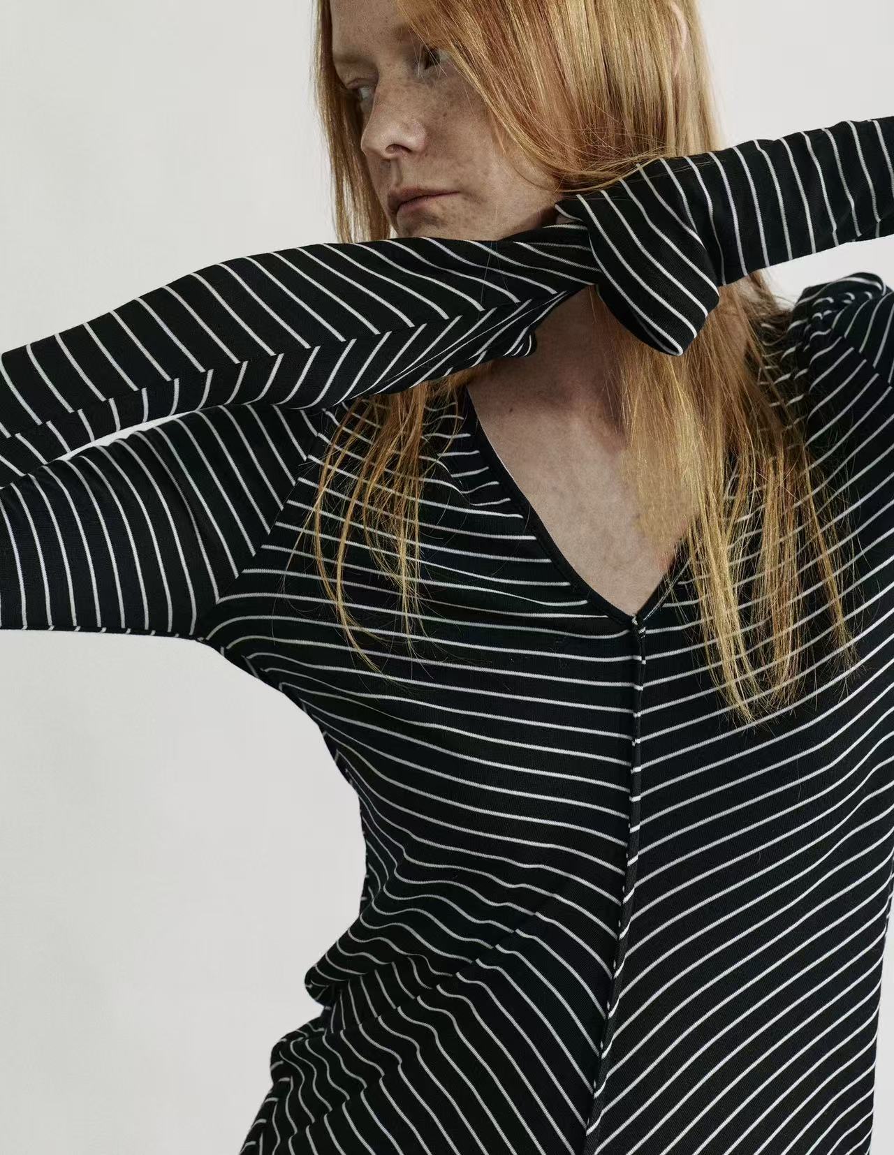 Merino Twist-Front Striped Knit Top