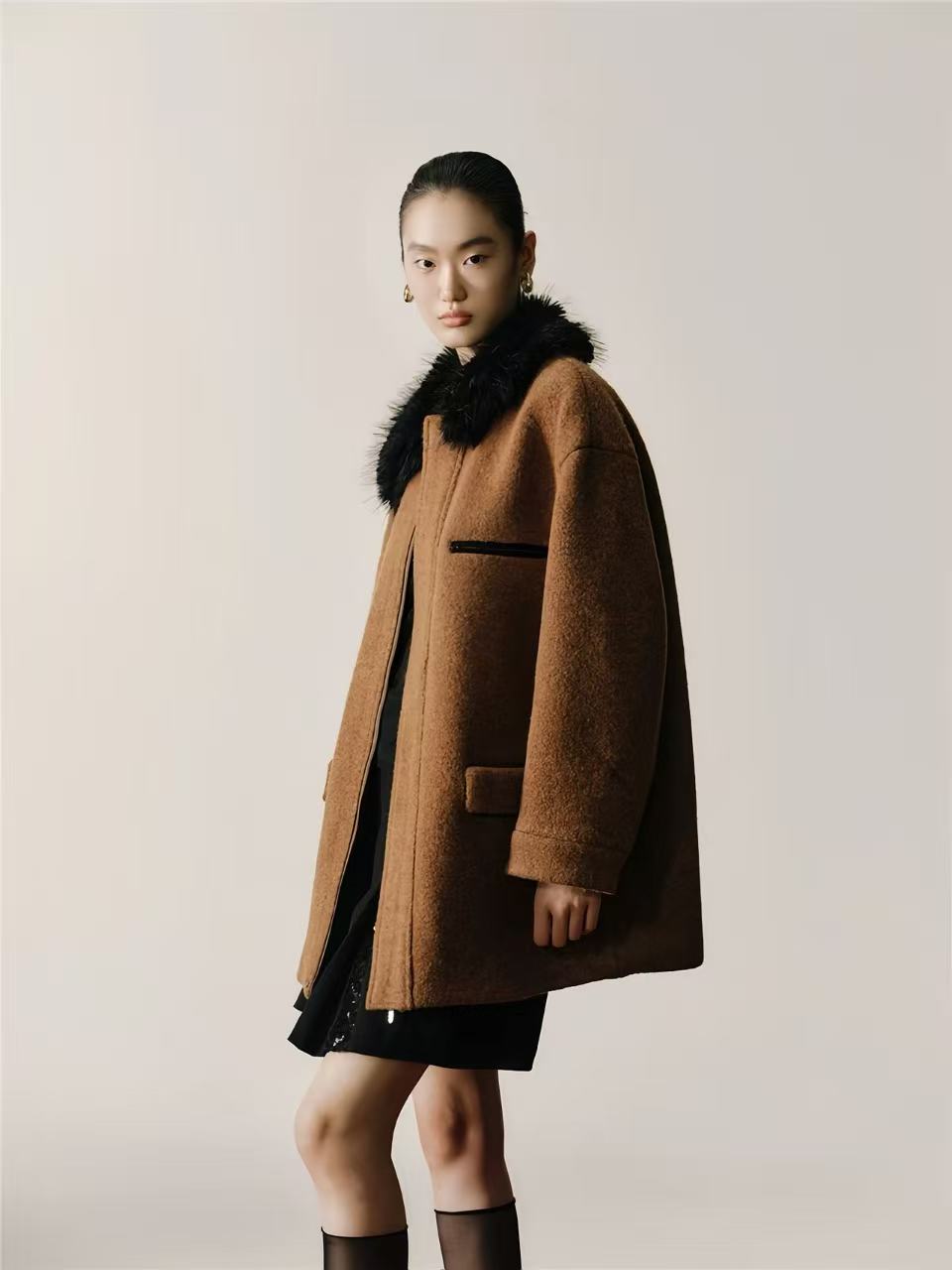 Wool Belted Coat with Faux Fur Collar
