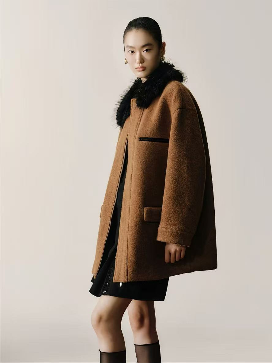 Wool Belted Coat with Faux Fur Collar