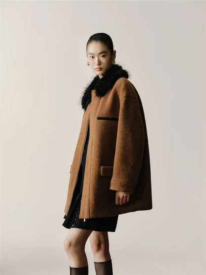 Wool Belted Coat with Faux Fur Collar