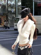Faux-Fur Collar Fitted Knit Top