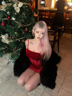 Red Velvet Corset Mini Dress with Matching Lace Sleeves