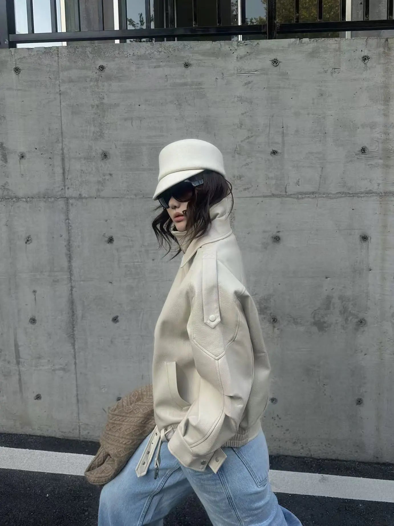 Vintage Litchi-Grain Oversized PU Moto Jacket - Velanocta