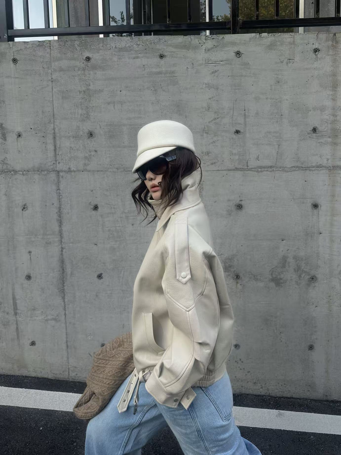 Vintage Litchi-Grain Oversized PU Moto Jacket