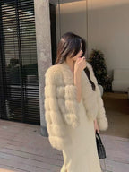 Ivory V-Neck Luxe Fox Fur Coat with Oversized Sleeves — SAGA Certified