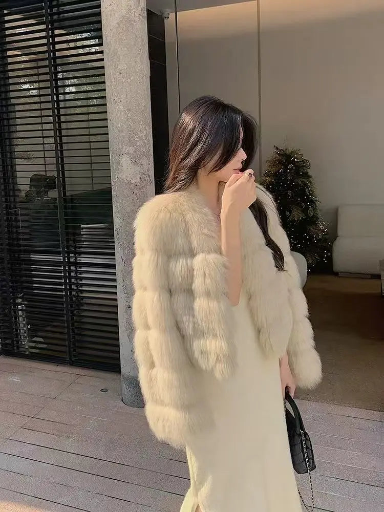 Ivory V-Neck Luxe Fox Fur Coat with Oversized Sleeves — SAGA Certified - Velanocta