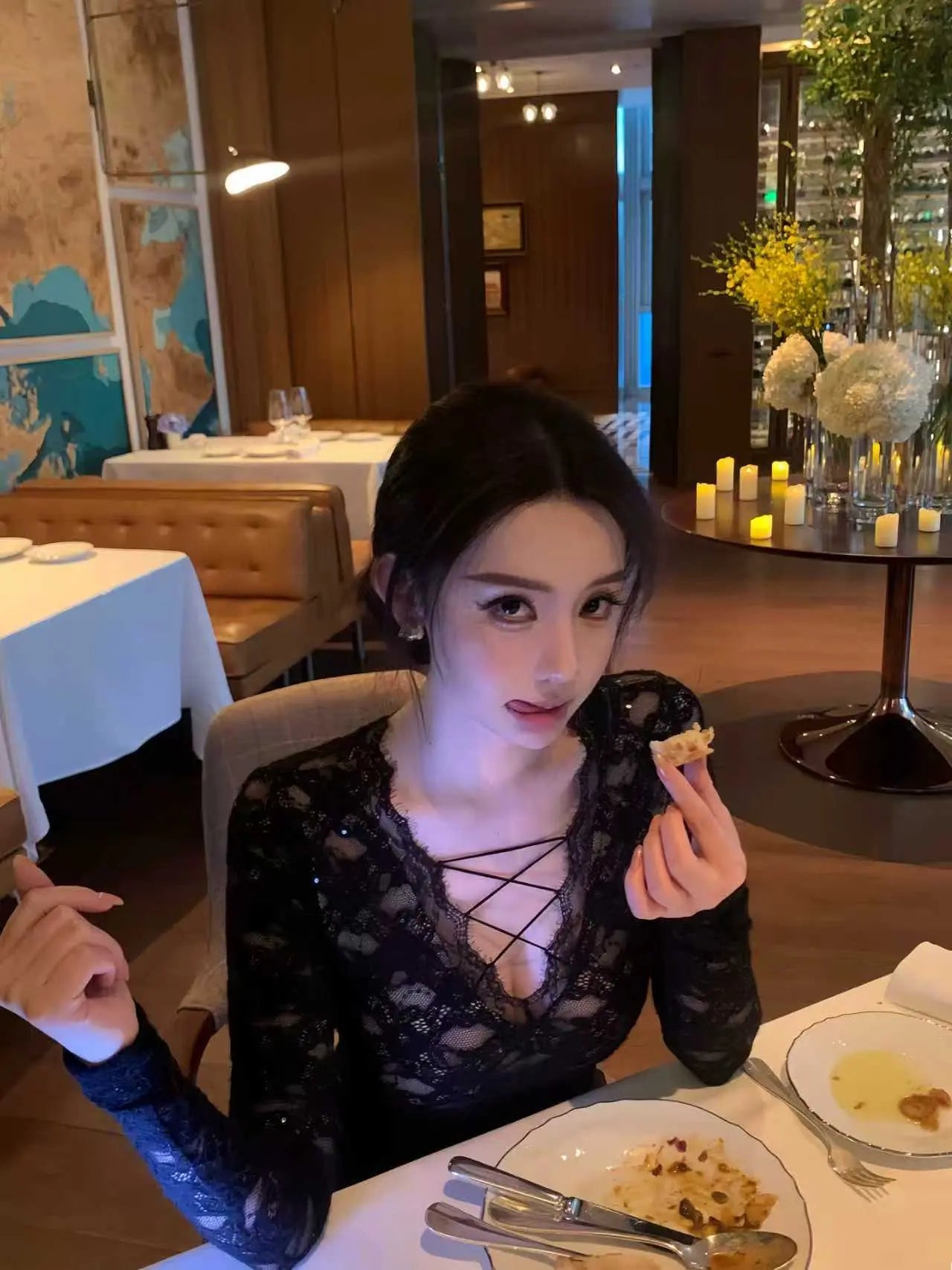 Black Lace Top with Cross Strap V Neck - Velanocta