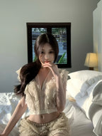 French Lace Flutter-Sleeve V-Neck Top