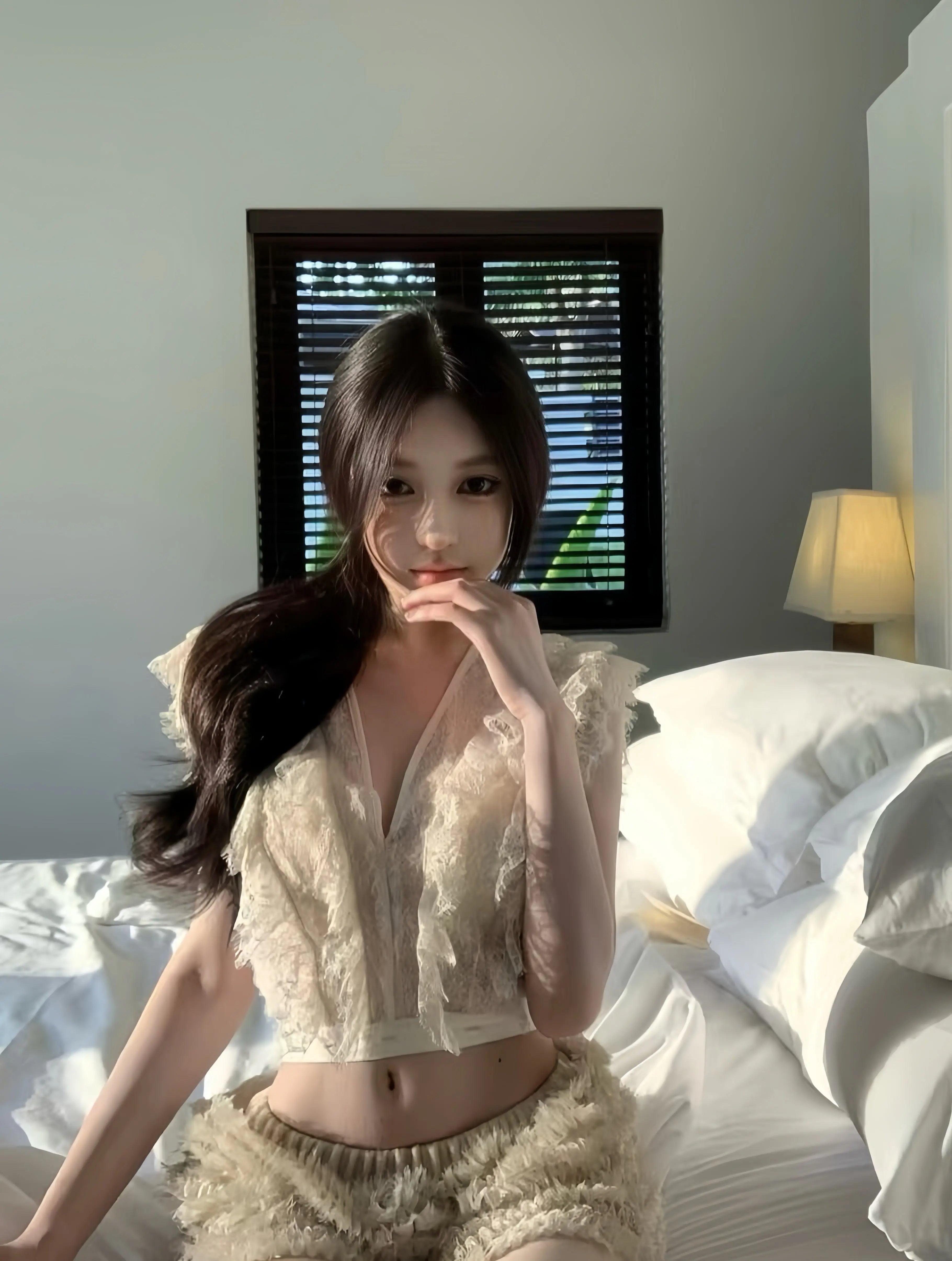 French lace top Flutter-Sleeve V-Neck Top - Velanocta