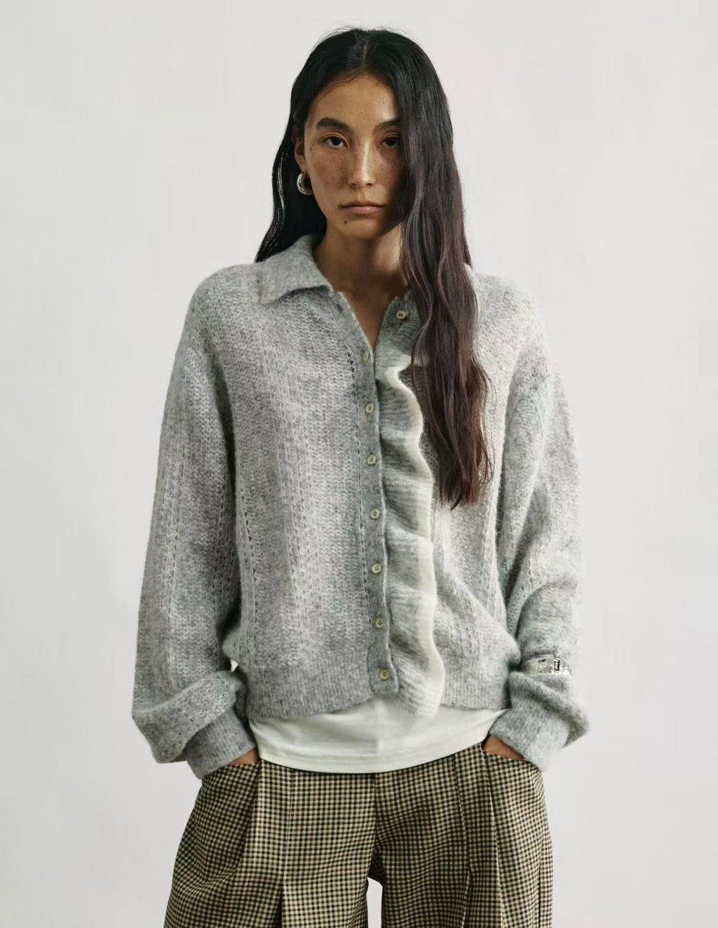 Ruffled Collar Textured Knit Cardigan