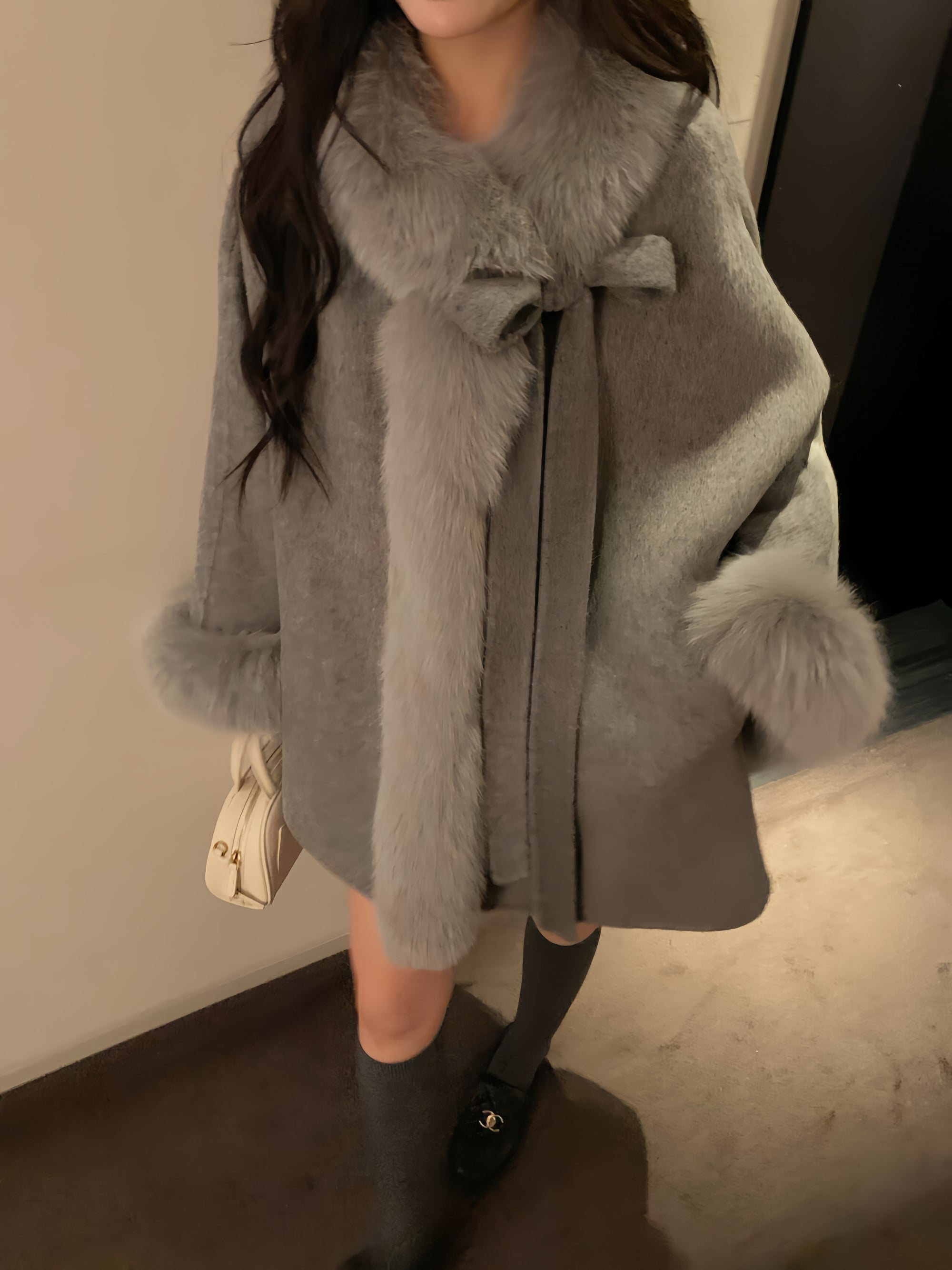 Fox Fur Trim Wool Cape Coat