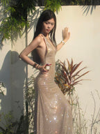 Sunlit Sparkle Halter Dress