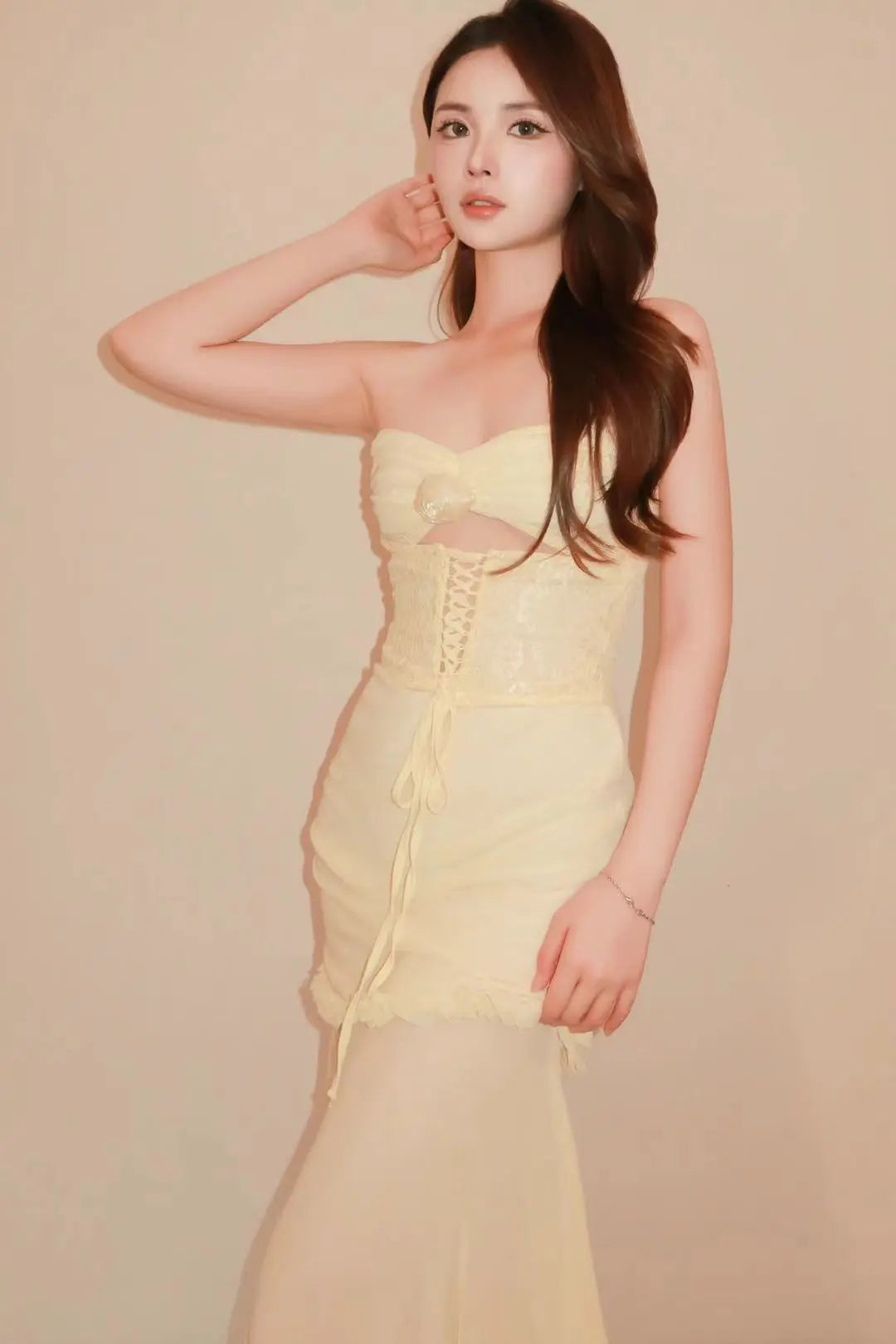 Light Yellow Corset Lace-Up Dress - Velanocta