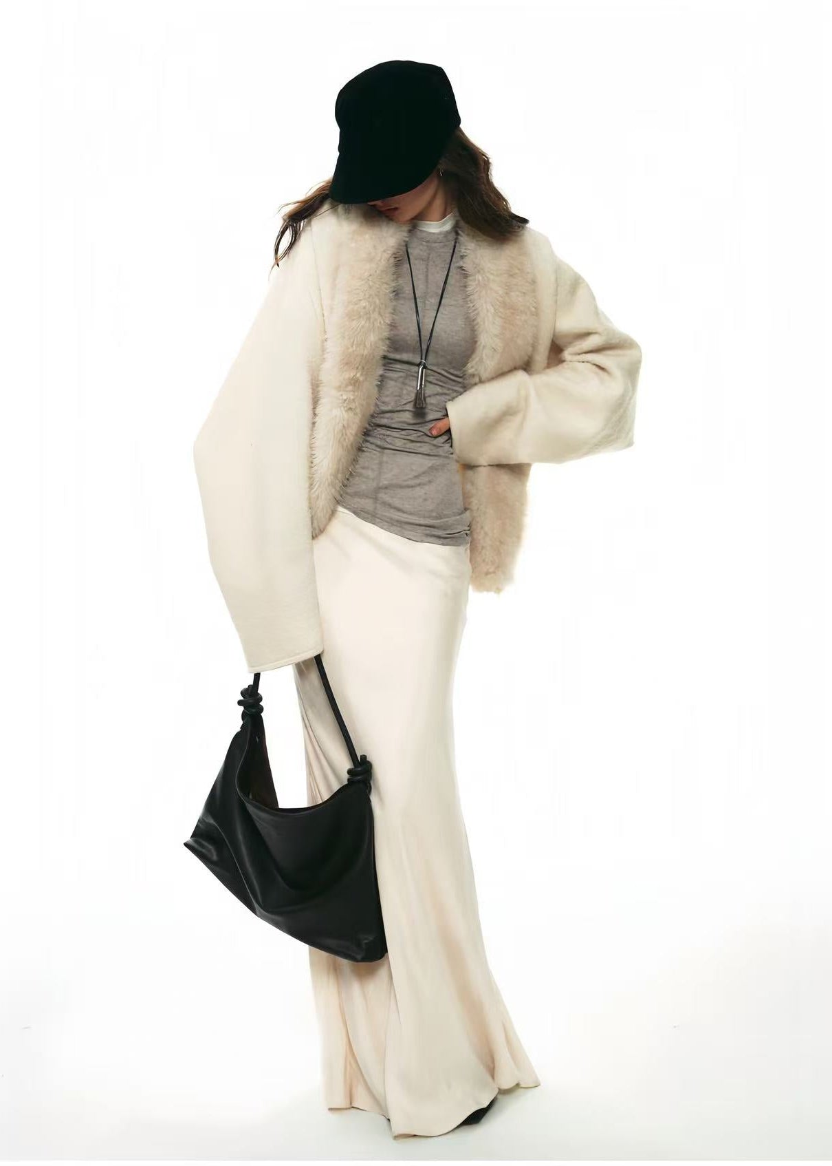 Cream Faux-Fur Collar Batwing Wool Coat