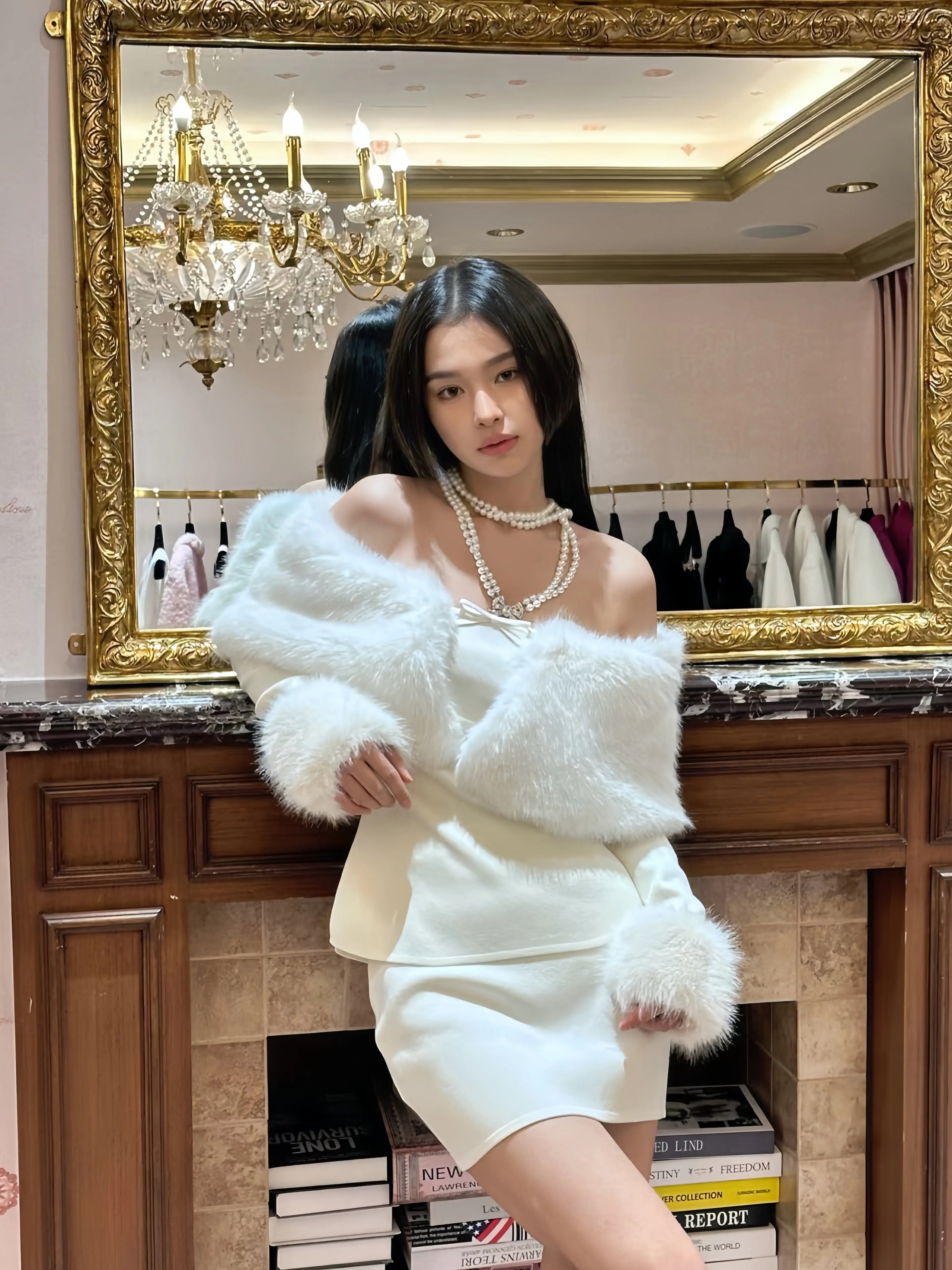 White Off-Shoulder Faux Fur Skirt Set - Velanocta