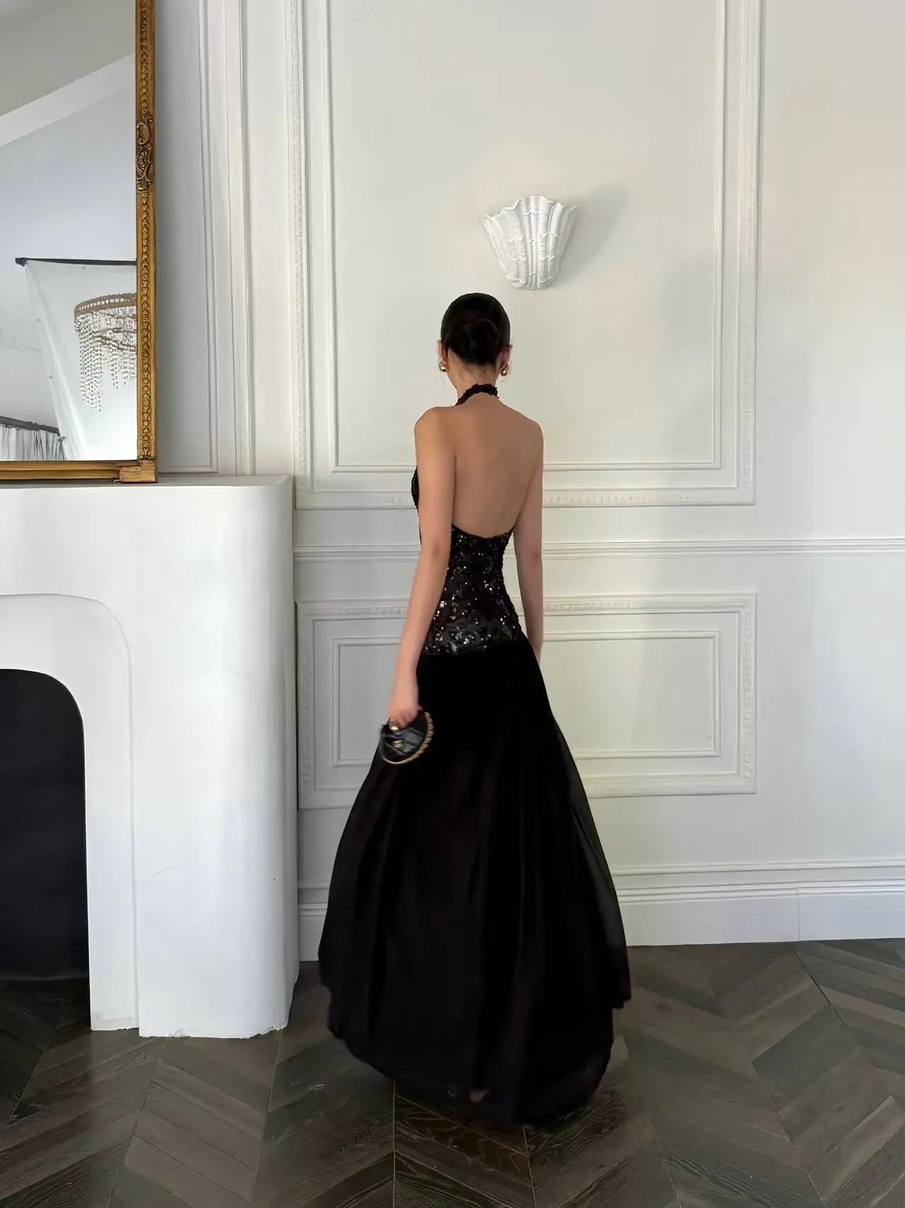 Black Halter Sequin Maxi Dress - Velanocta