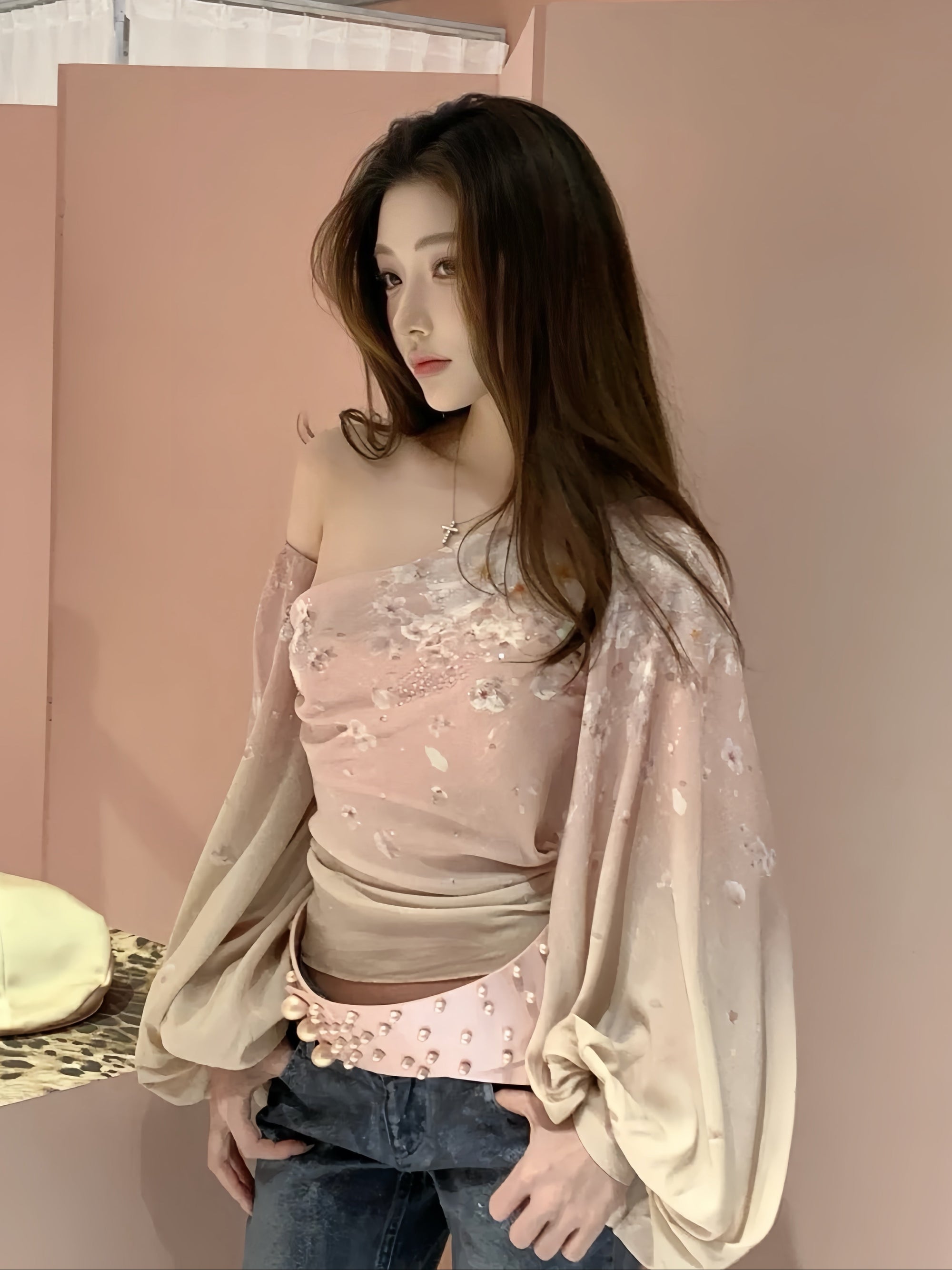 Asymmetric Sheer Snake-Print Off-Shoulder Top