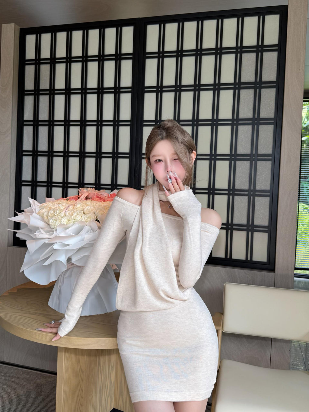 Off-Shoulder Drape-Detail Knit Bodycon Dress