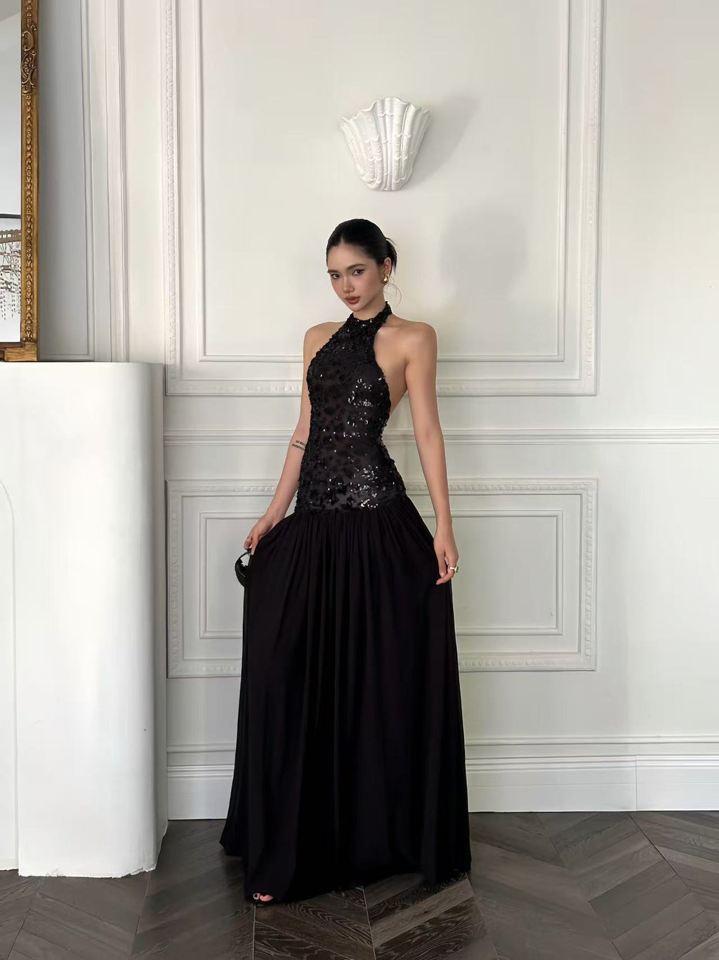 Black Halter Sequin Maxi Dress