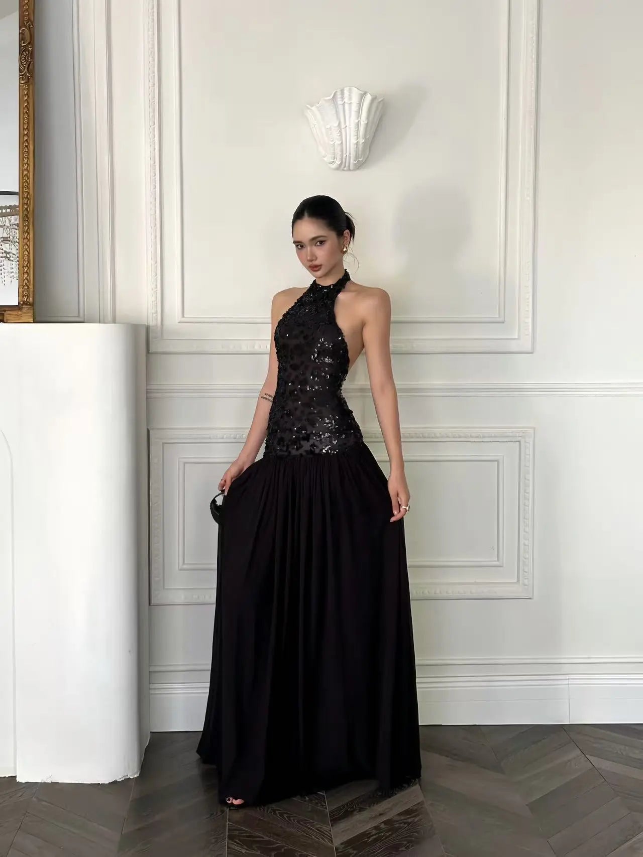 Black Halter Sequin Maxi Dress - Velanocta