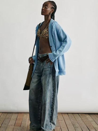 Openwork Fringe Paper-Yarn Cardigan