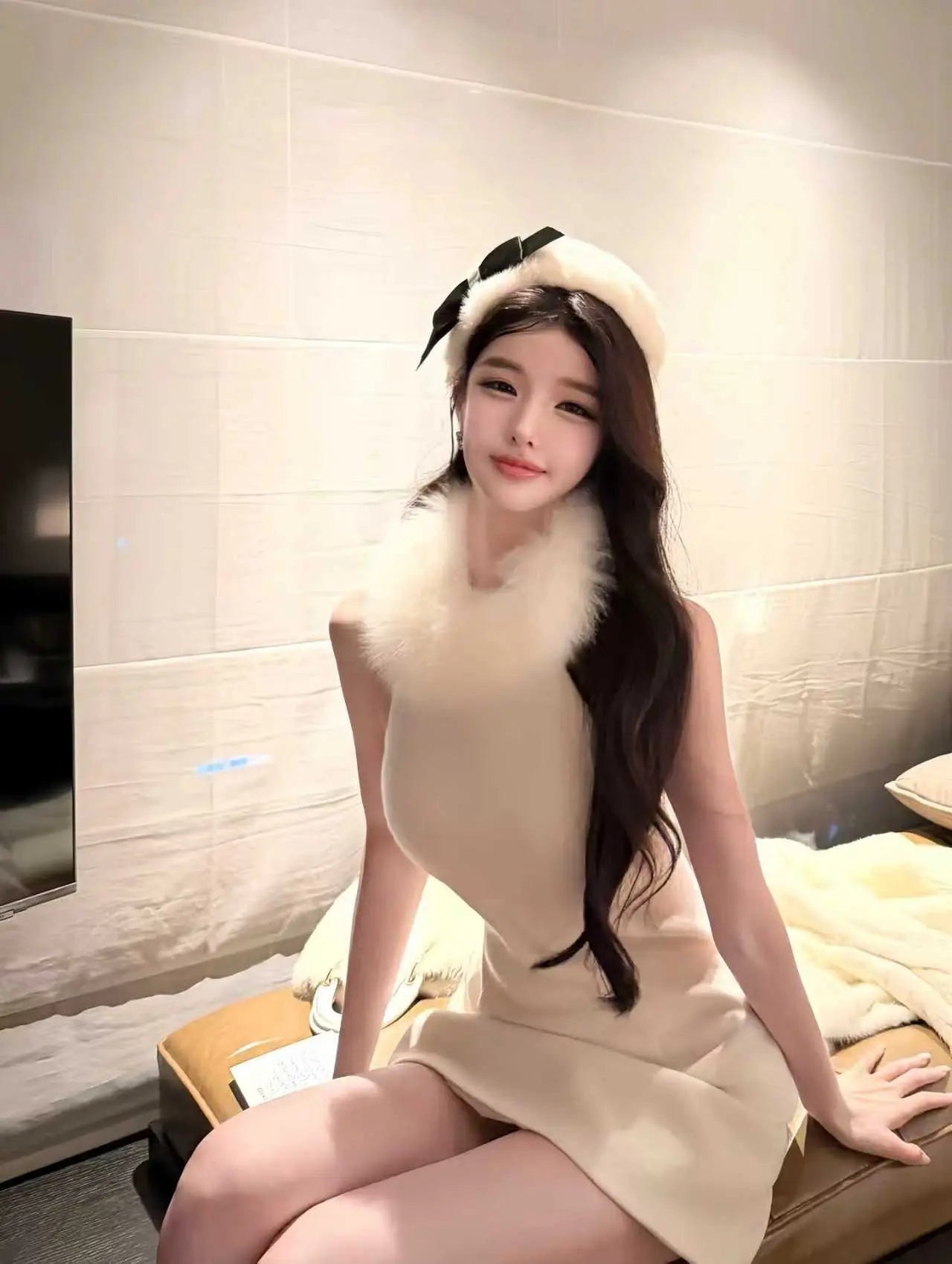 Faux Fur Dress Halter Mini - Velanocta