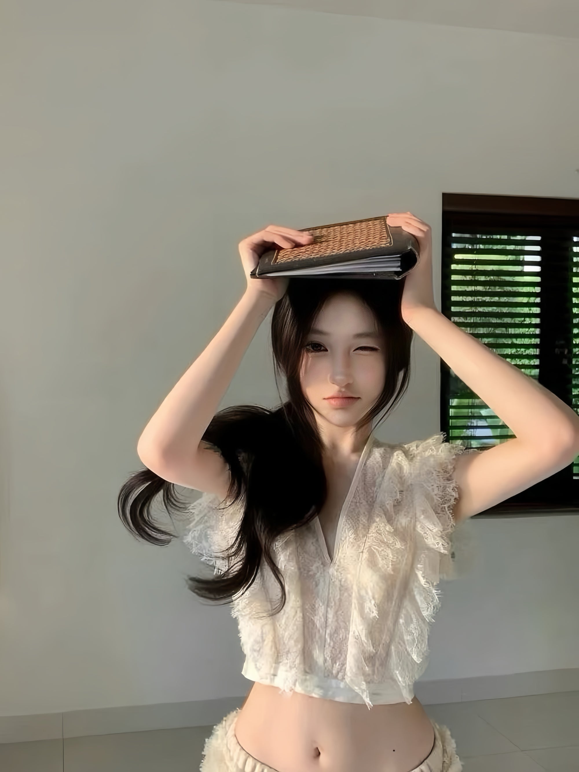 French Lace Flutter-Sleeve V-Neck Top