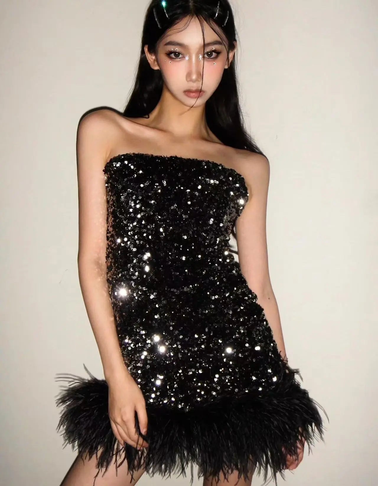 Midnight Feather Sequin Mini Dress - Velanocta