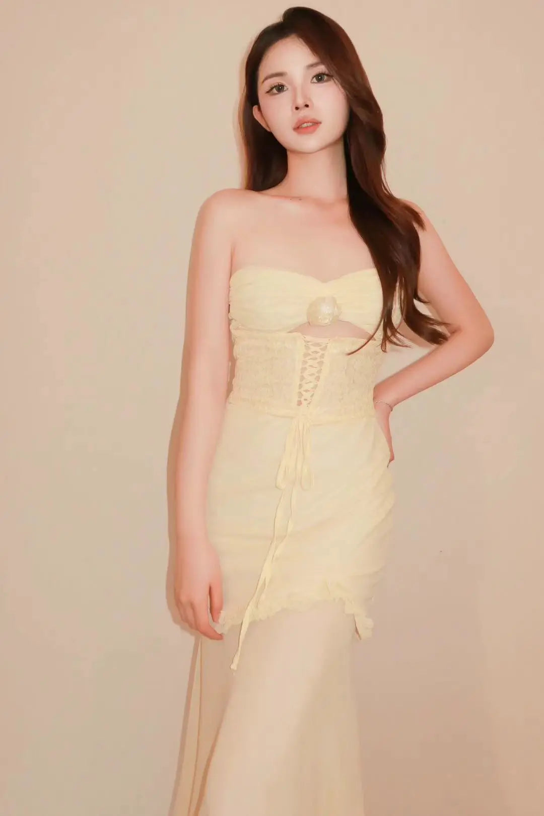 Light Yellow Corset Lace-Up Dress - Velanocta