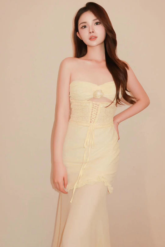 Light Yellow Corset Lace-Up Dress