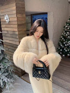 Ivory V-Neck Luxe Fox Fur Coat with Oversized Sleeves — SAGA Certified